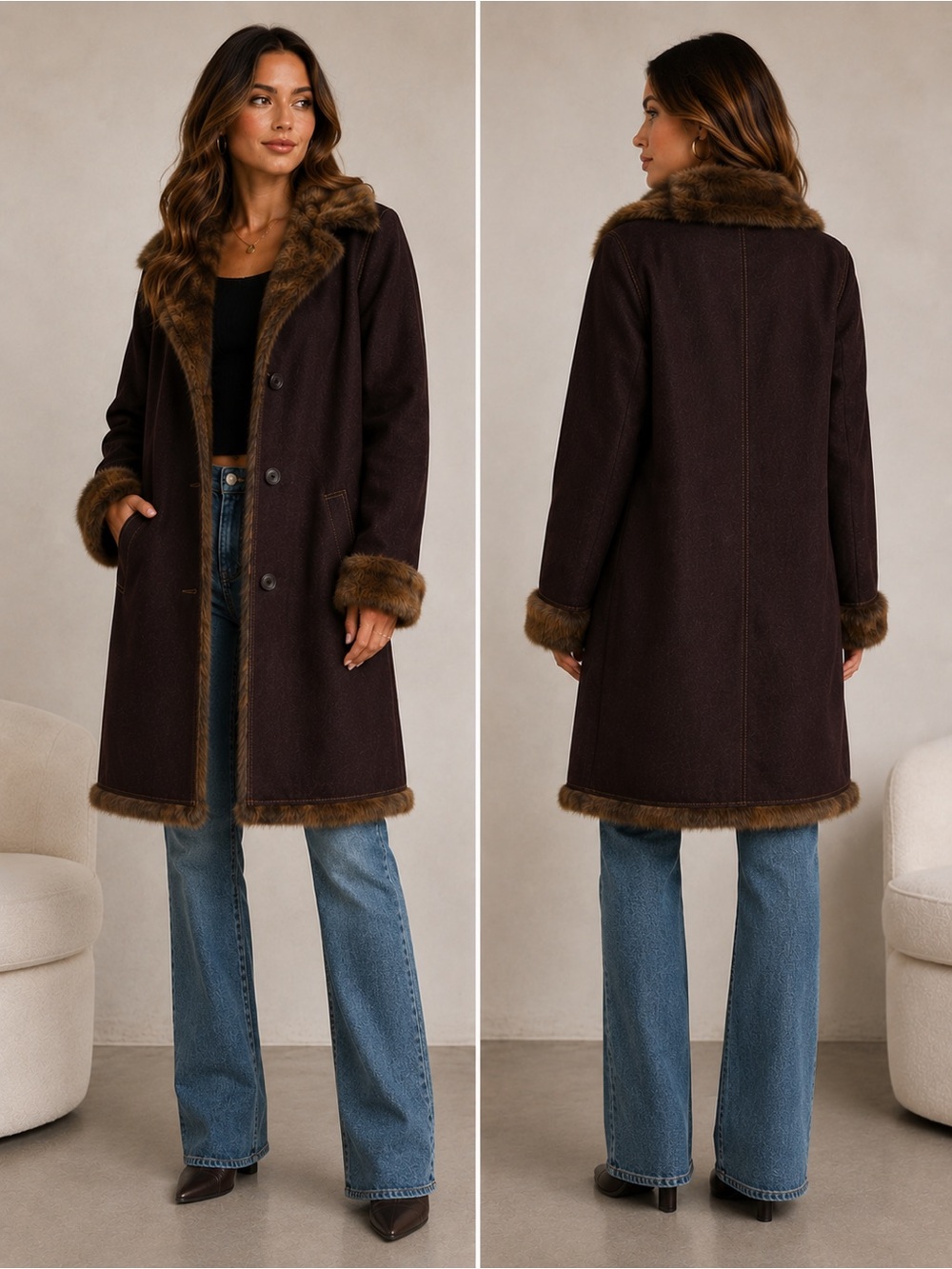 Denim & Co Faux Fur Trimmed Brown Coat Women’s Small Long Winter jacket